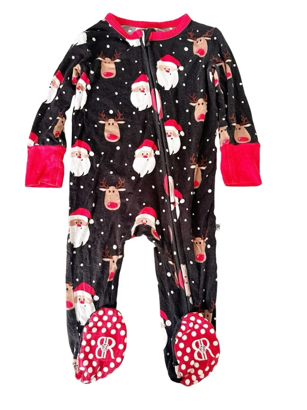 Bums & Roses Santa Reindeer Footie Bamboo Pajamas Red Black 9-12M